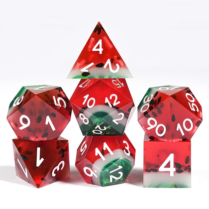 Watermelon colour clear resin polyhedral dice set - detail view 11