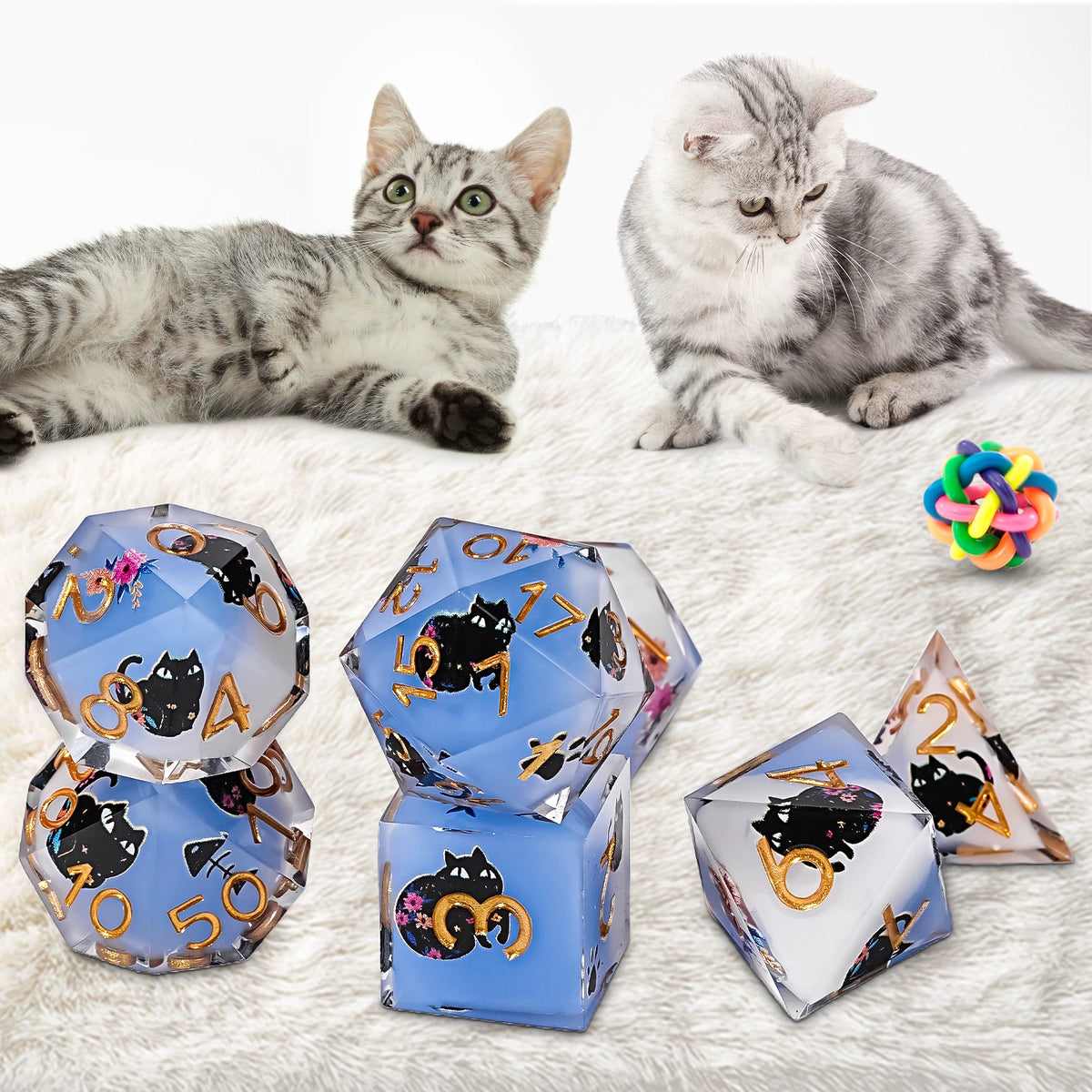 Cat dice in dice resin polyhedral dice set - detail view 15