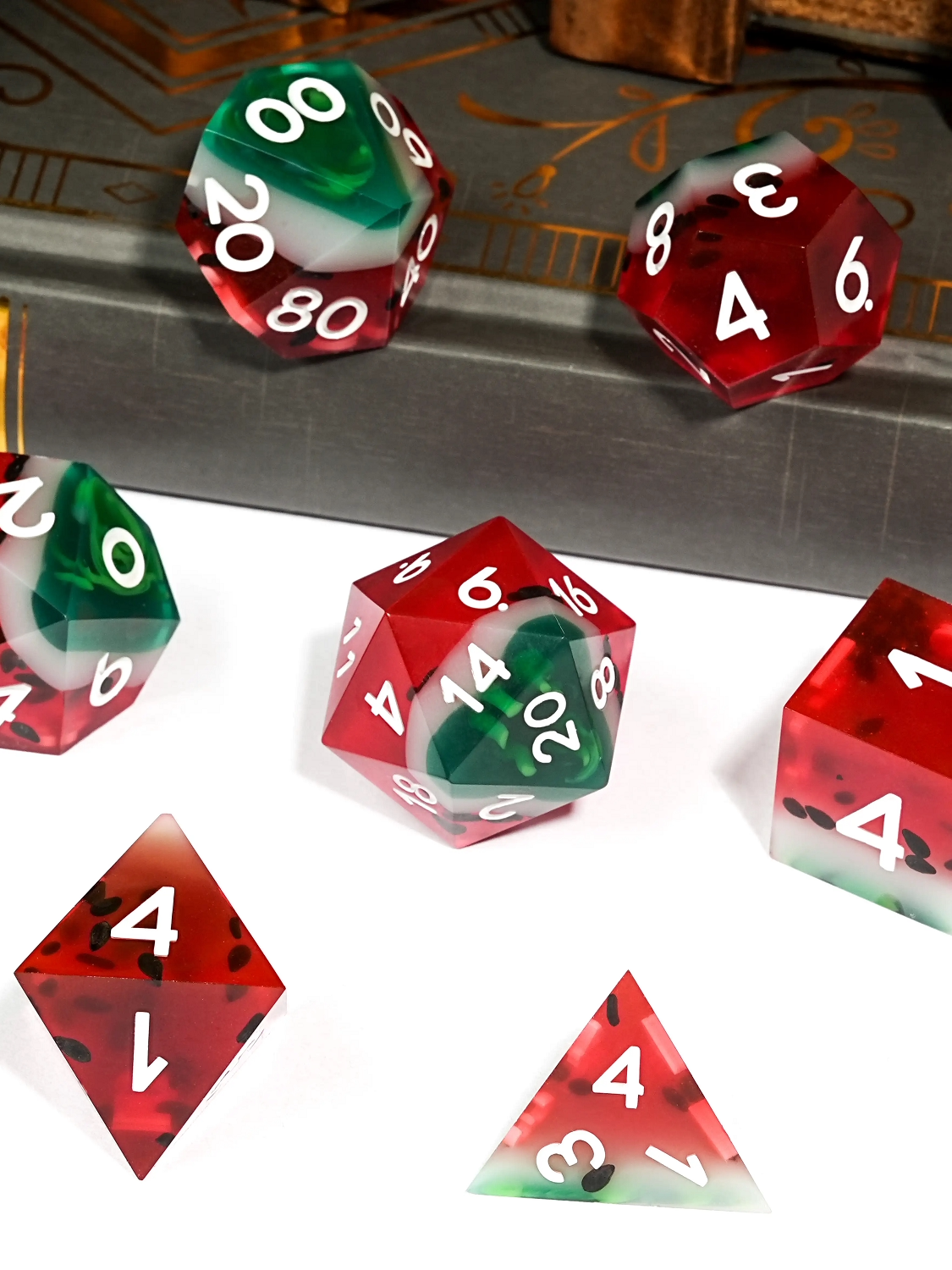 Watermelon colour clear resin polyhedral dice set - detail view 5