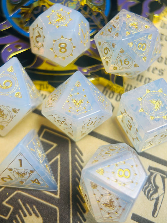 Original Opal Gemstone DND Dice Set Demon Dragon Engraved Polyhedral RPG Dice for D&D COC Tabletop Gaming Collectible (7-Piece)