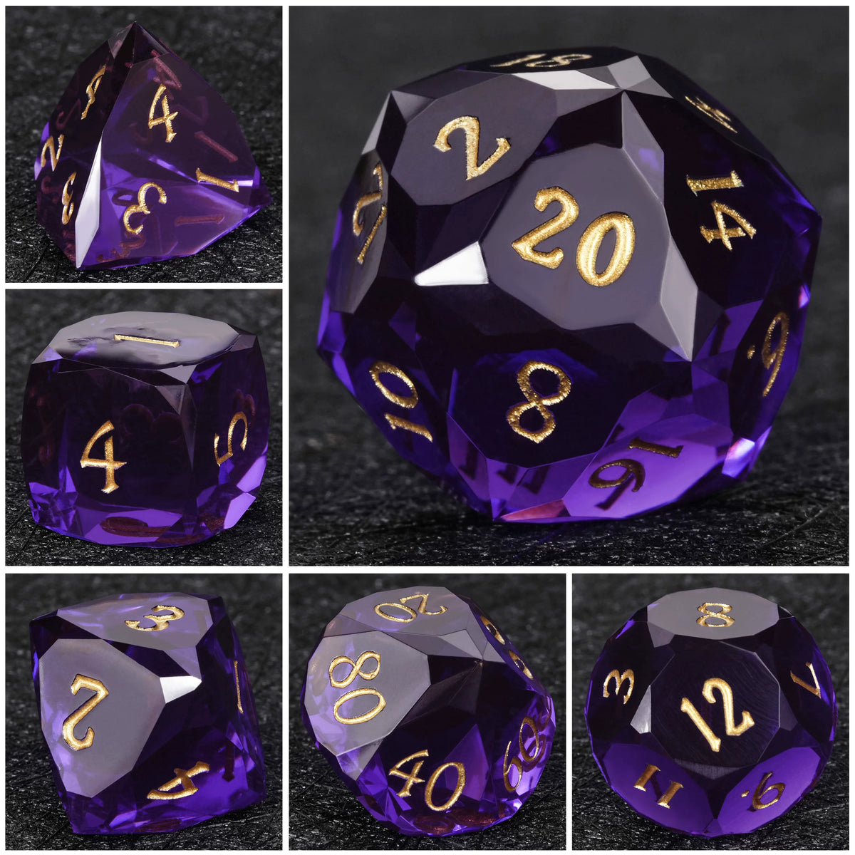 Clear purple faceted resin polyhedral dice set - detail view 6