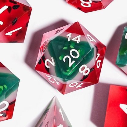 Watermelon colour clear resin polyhedral dice set - detail view 12