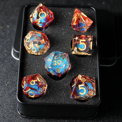 Liquid Core Sharp Edge Resin Dice Set, Floating Dragon Eye Polyhedral D&D TTRPG Tabletop Dice with Metal Box & Velvet Pouch