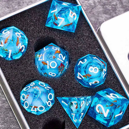 Liquid Core Starry Quicksand DND Polyhedral Dice Set, D20 RPG Tabletop Gaming Dice with Metal Tin and Velvet Pouch