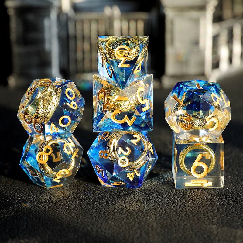 Liquid Core Sharp Edge Resin Dice Set, Floating Dragon Eye Polyhedral D&D TTRPG Tabletop Dice with Metal Box & Velvet Pouch