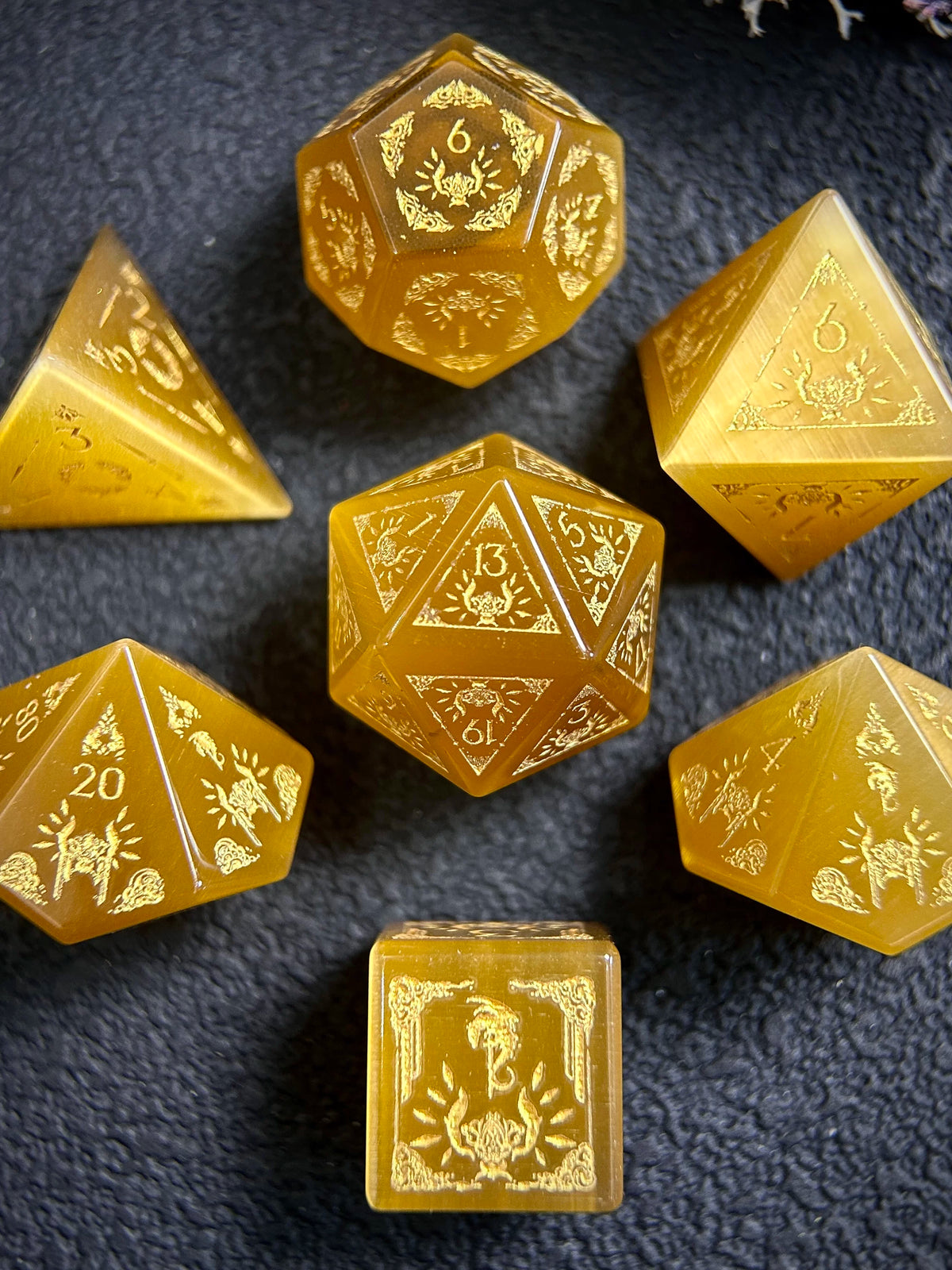 Natural Gold Cat's Eye Gemstone Polyhedral Dice Set (7-Piece) for D&D, TTRPG, MTG & Cthulhu with Metal Gift Case