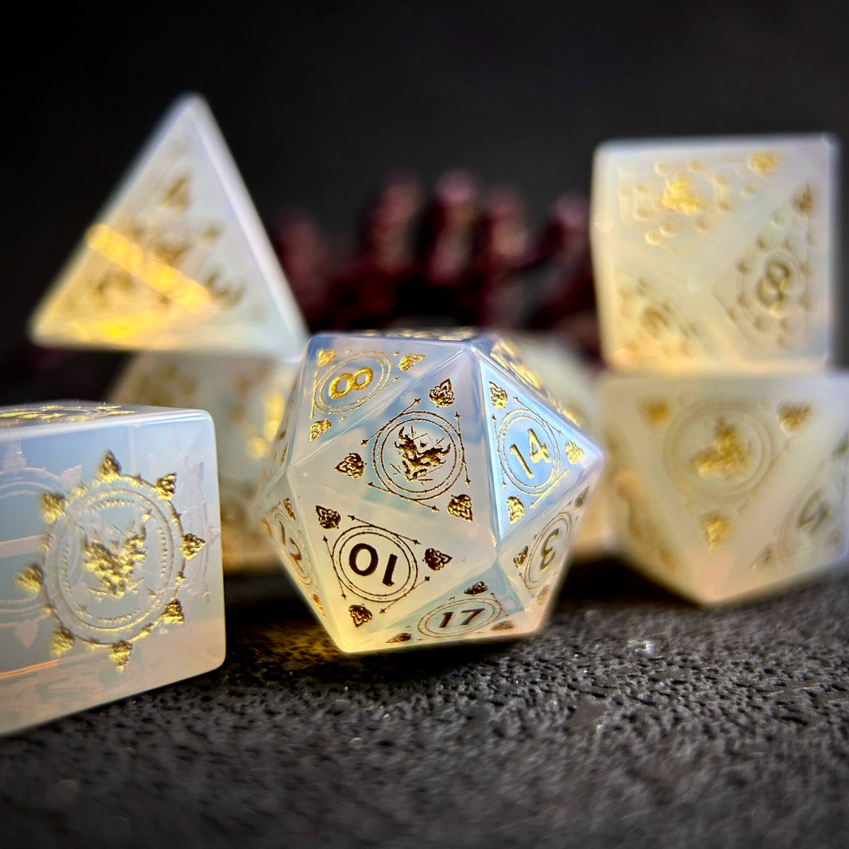 Original Opal Gemstone DND Dice Set Demon Dragon Engraved Polyhedral RPG Dice for D&D COC Tabletop Gaming Collectible (7-Piece)