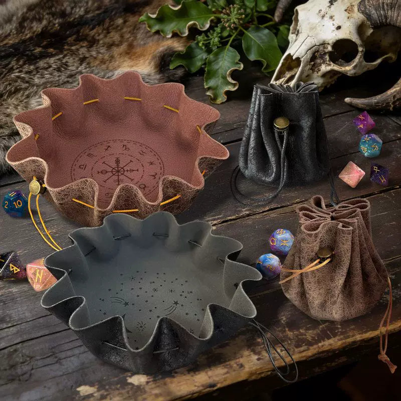 Portable Leather Drawstring Dice Bag & Rolling Tray for D&D Tabletop RPG Board Games