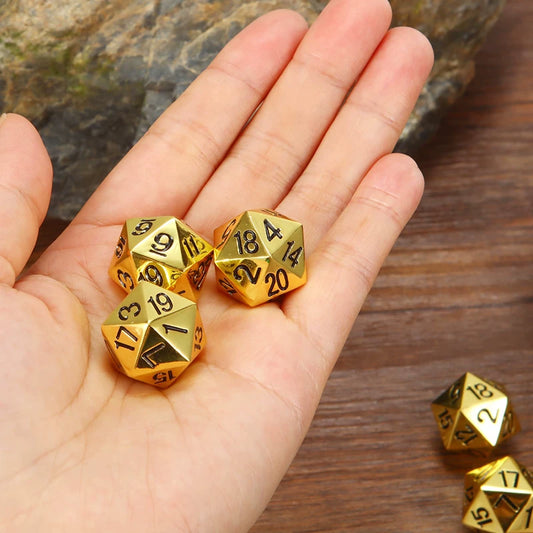 Solid Metal D20 Polyhedral Die with Gold Numbers for D&D TTRPG Tabletop Roleplaying Games