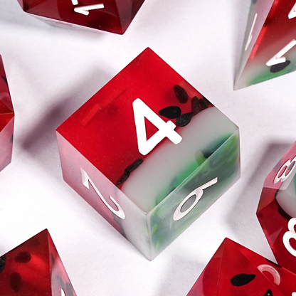 Watermelon colour clear resin polyhedral dice set - detail view 13