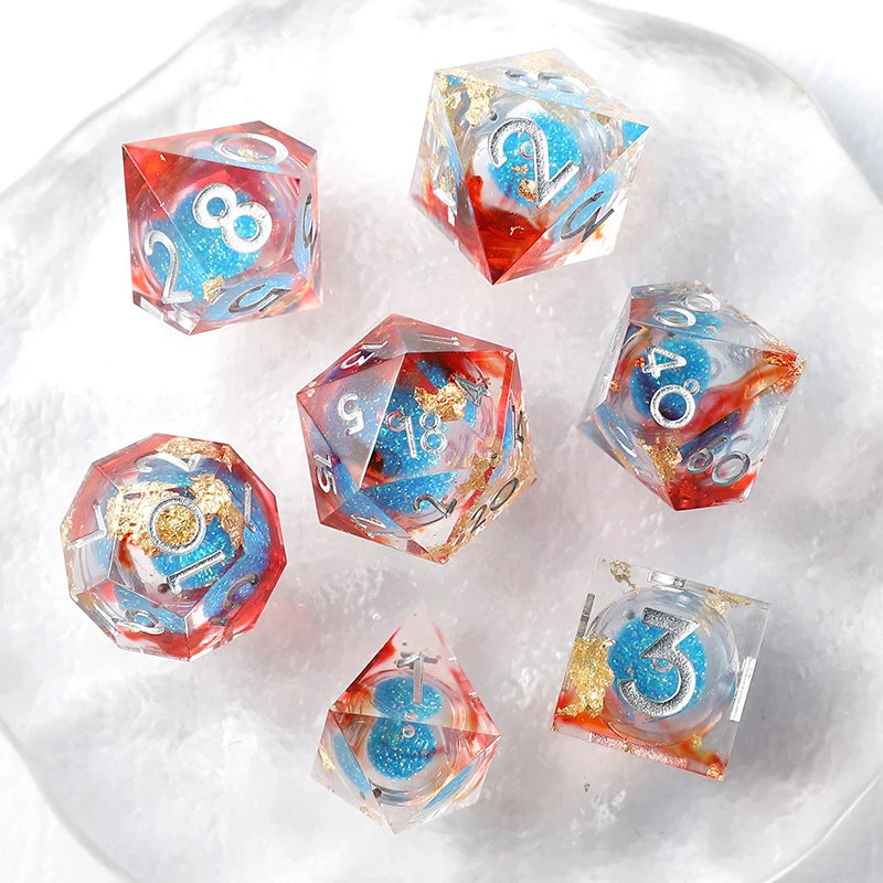 Liquid Core Sharp Edge Resin Dice Set, Floating Dragon Eye Polyhedral D&D TTRPG Tabletop Dice with Metal Box & Velvet Pouch