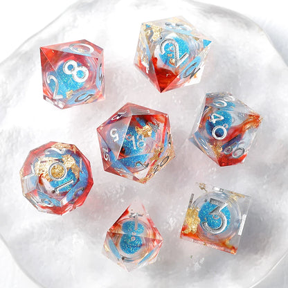 Liquid Core Sharp Edge Resin Dice Set, Floating Dragon Eye Polyhedral D&D TTRPG Tabletop Dice with Metal Box & Velvet Pouch