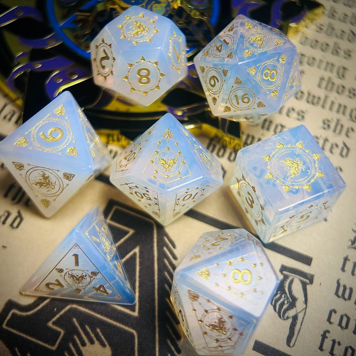 Original Opal Gemstone DND Dice Set Demon Dragon Engraved Polyhedral RPG Dice for D&D COC Tabletop Gaming Collectible (7-Piece)