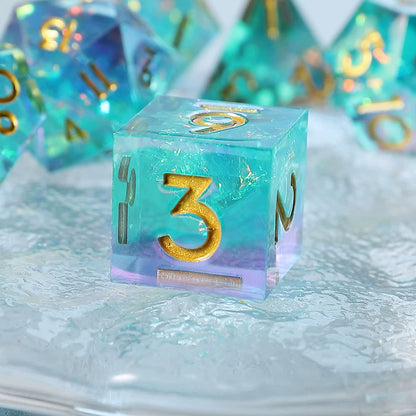 Liquid Core Sharp Edge Resin Dice Set, Floating Dragon Eye Polyhedral D&D TTRPG Tabletop Dice with Metal Box & Velvet Pouch