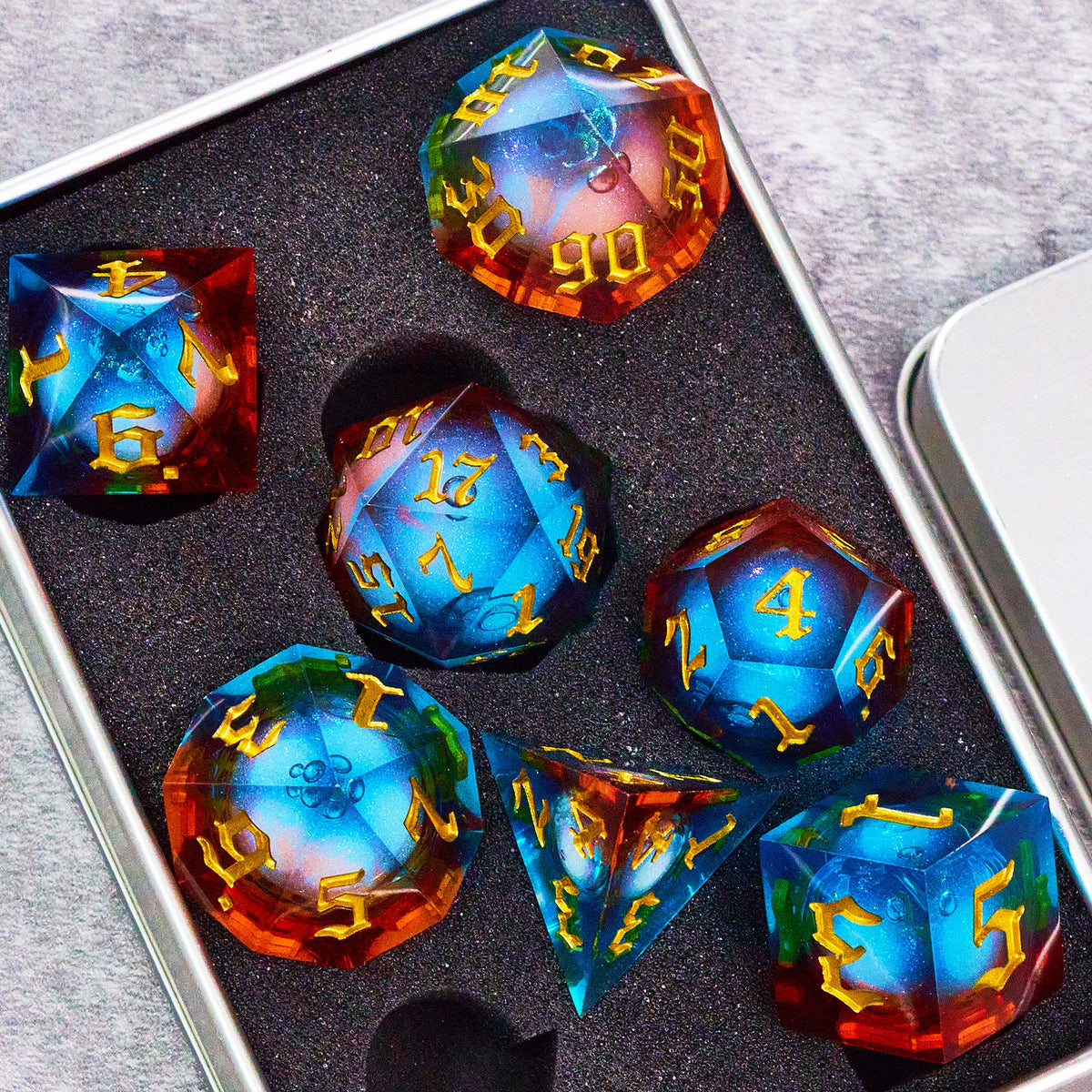 Liquid Core Starry Quicksand DND Polyhedral Dice Set, D20 RPG Tabletop Gaming Dice with Metal Tin and Velvet Pouch