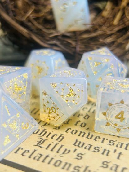 Original Opal Gemstone DND Dice Set Demon Dragon Engraved Polyhedral RPG Dice for D&D COC Tabletop Gaming Collectible (7-Piece)
