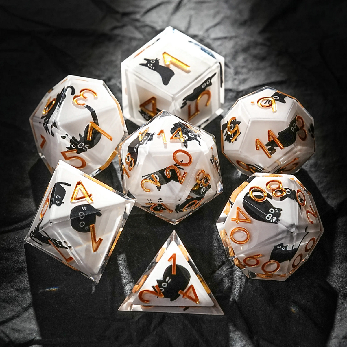 Cat dice in dice resin polyhedral dice set - detail view 6