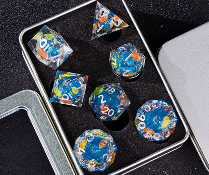 Liquid Core Starry Quicksand DND Polyhedral Dice Set, D20 RPG Tabletop Gaming Dice with Metal Tin and Velvet Pouch