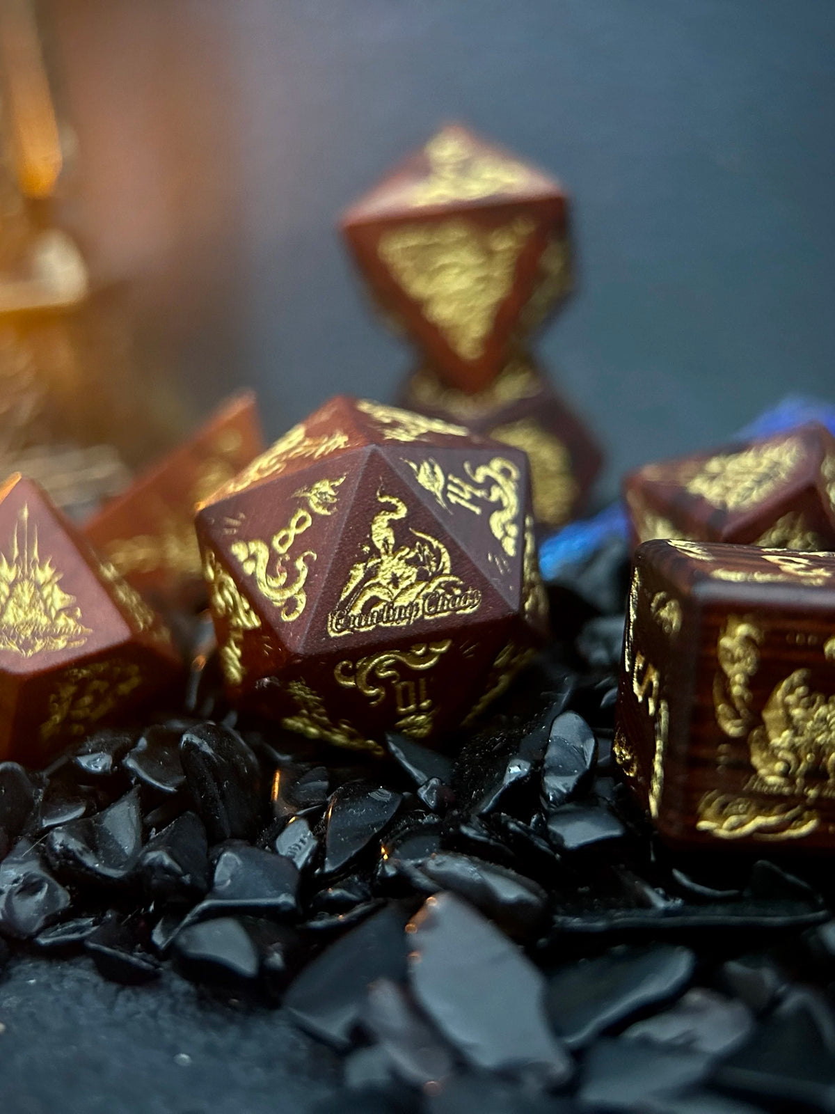 Nyarlathotep Crawling Chaos Natural Rosewood Polyhedral Dice Set - 7-Piece DND & Call of Cthulhu RPG Dice with Metal Tin