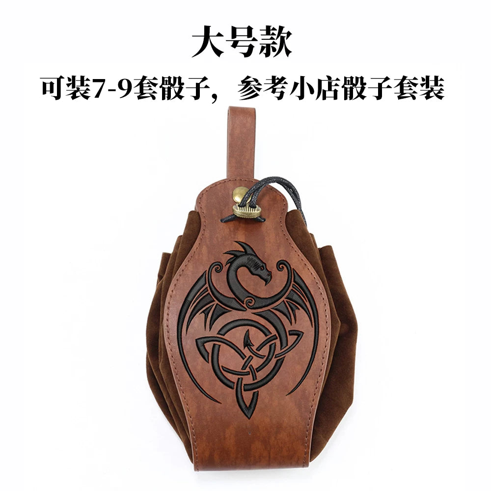 Vintage Drawstring D&D Dice Bag Expandable Dice Rolling Tray Medieval Waist Pouch for RPG Tabletop Gaming