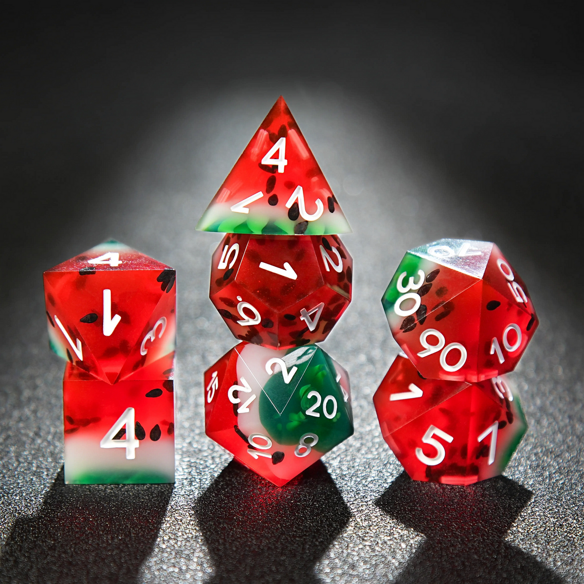 Watermelon colour clear resin polyhedral dice set - detail view 6
