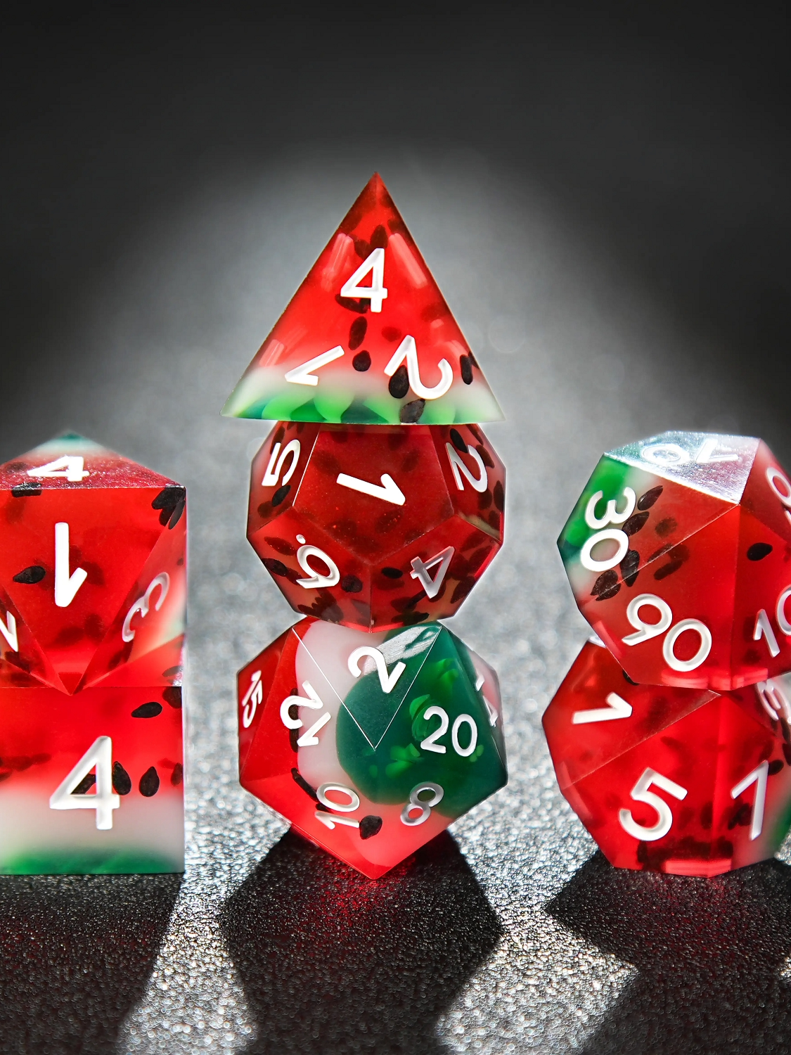 Watermelon colour clear resin polyhedral dice set