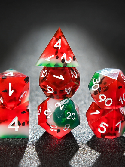 Watermelon colour clear resin polyhedral dice set