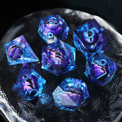 Liquid Core Sharp Edge Resin Dice Set, Floating Dragon Eye Polyhedral D&D TTRPG Tabletop Dice with Metal Box & Velvet Pouch