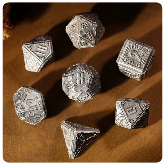 Cthulhu Deep Sea Relic Metal Polyhedral Dice Set, Antique Silver Tabletop DND RPG Gaming Dice