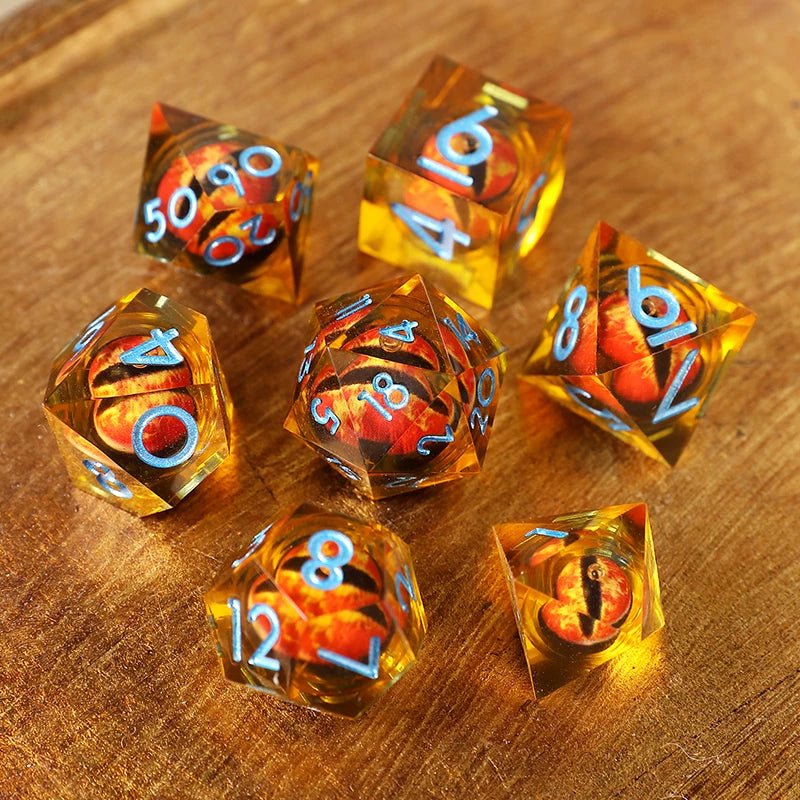 Liquid Core Sharp Edge Resin Dice Set, Floating Dragon Eye Polyhedral D&D TTRPG Tabletop Dice with Metal Box & Velvet Pouch