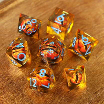 Liquid Core Sharp Edge Resin Dice Set, Floating Dragon Eye Polyhedral D&D TTRPG Tabletop Dice with Metal Box & Velvet Pouch