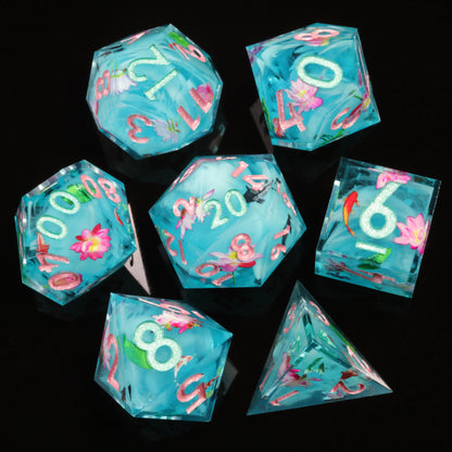 LuxeRoll Handmade Resin DND Dice Set with Gift Box - 7-Piece Sharp Edge Polyhedral RPG Tabletop Gaming Dice