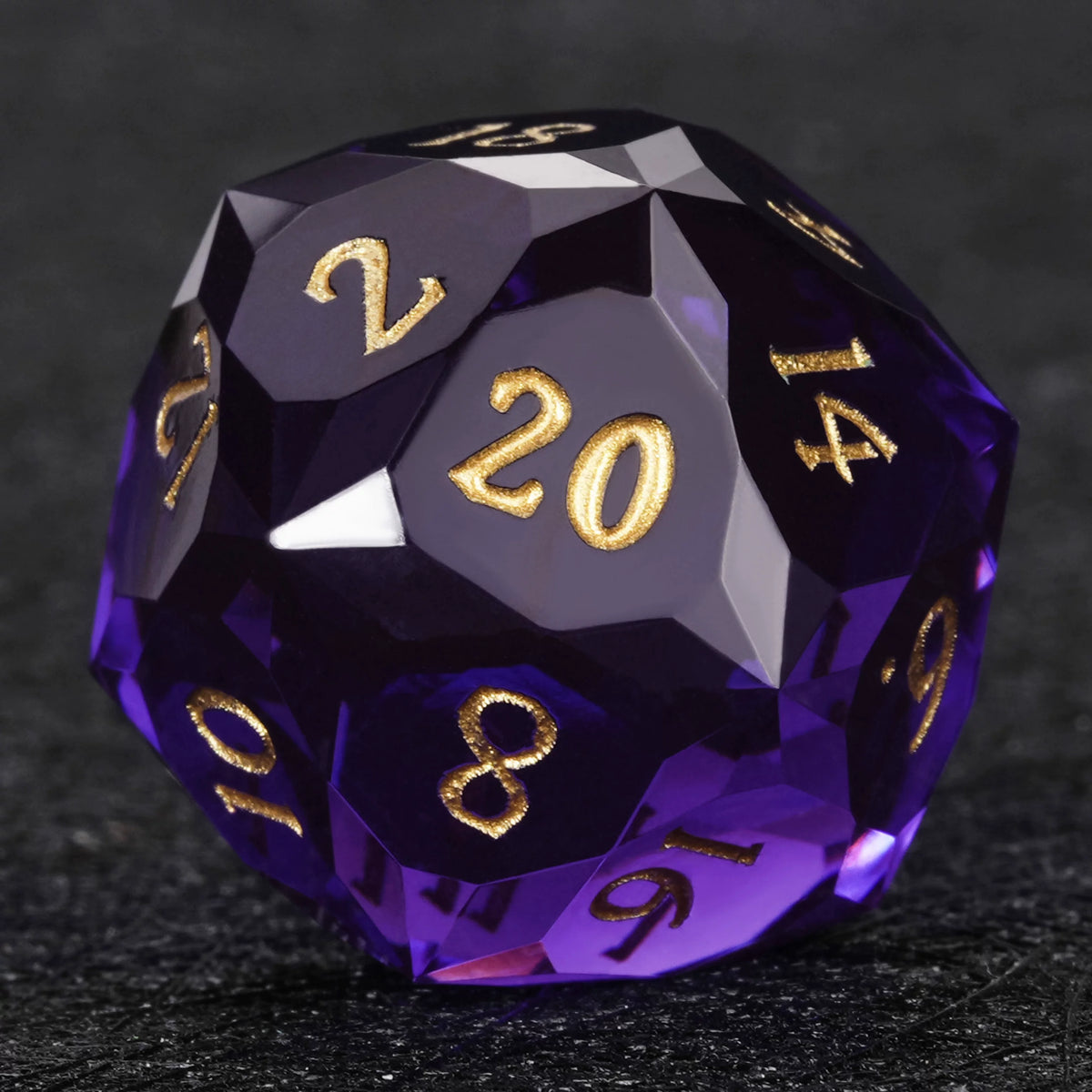 Clear purple faceted resin polyhedral dice set - detail view 7