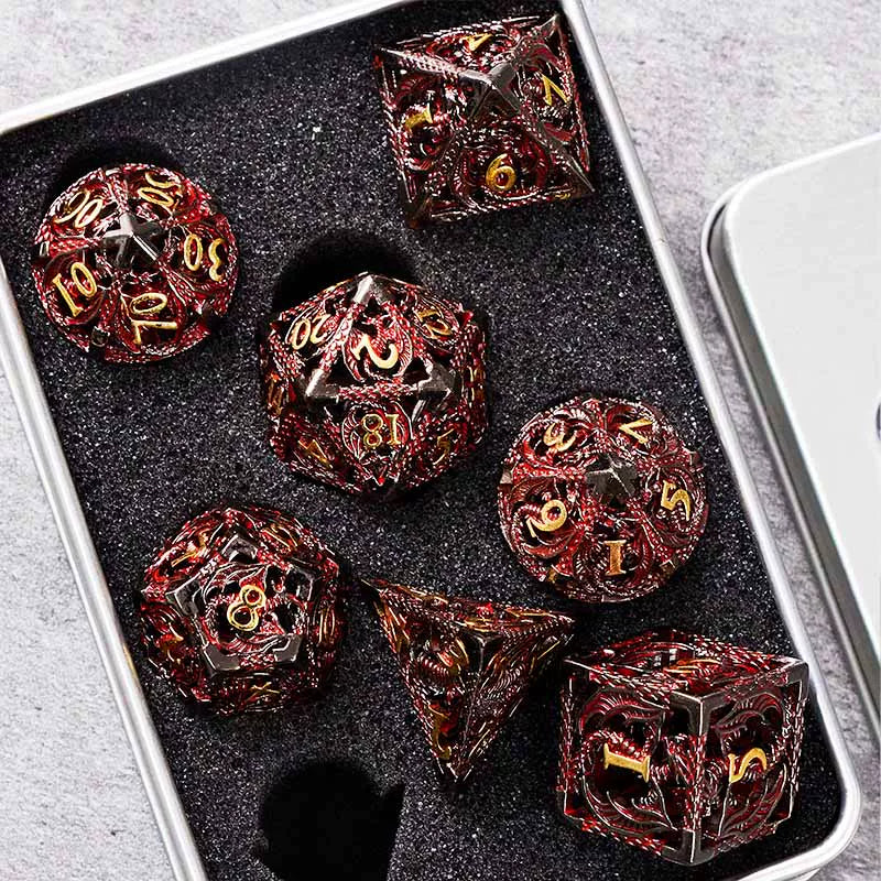 Hollow Metal Polyhedral DND Dice Set, Dragon Theme D20 Tabletop RPG Dice for D&D, Call of Cthulhu, Pathfinder, TRPG Games